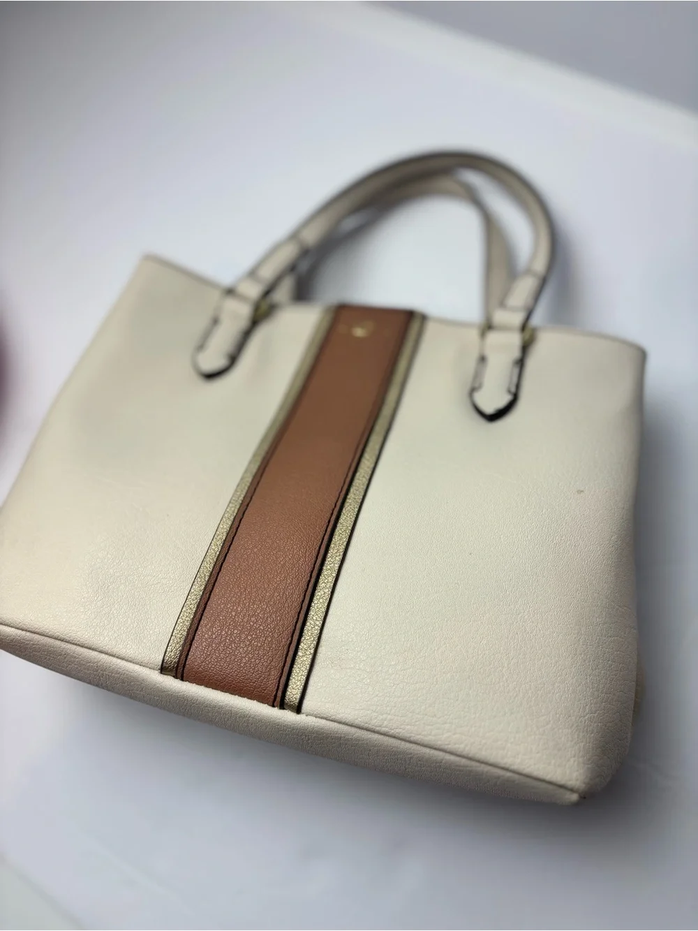 Liz Claiborne Cream Tote with Brown Center Stripe